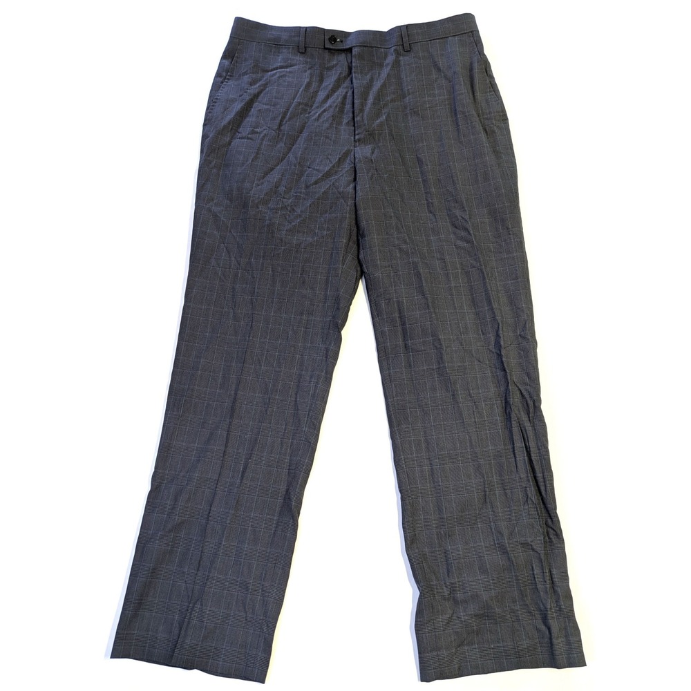 Louis Raphael Luxe Merino Wool Dress Pants 38x34 Blue Gray Glen Plaid Trousers